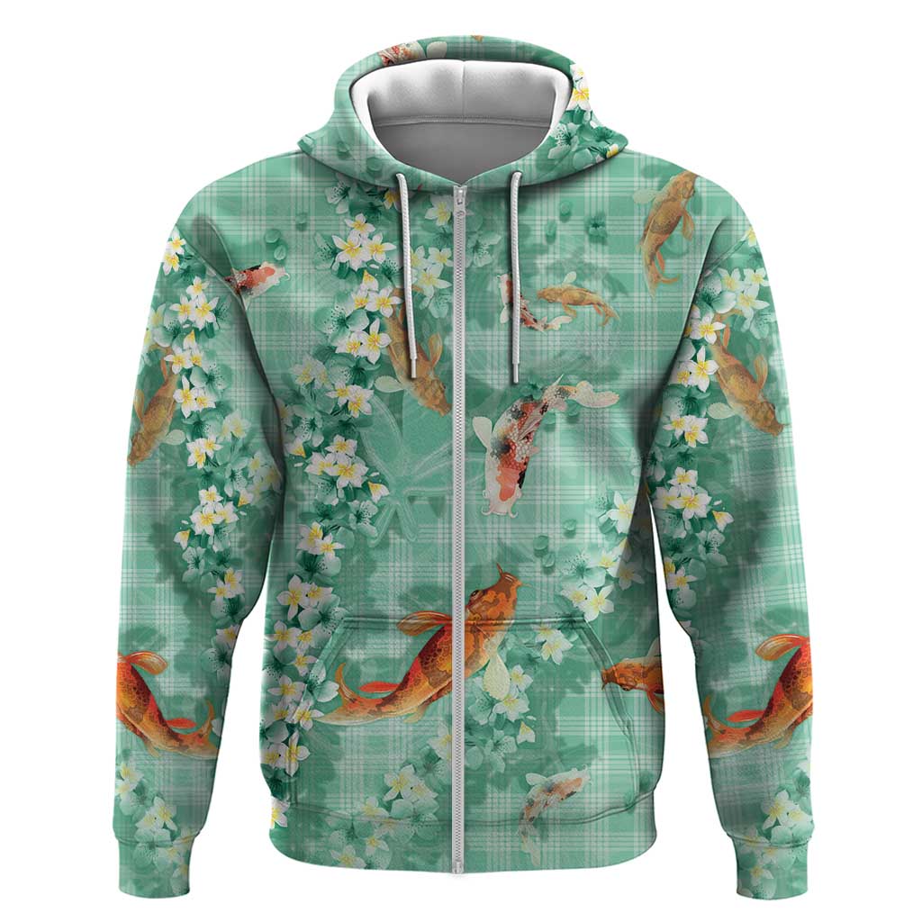 Green Palaka Hawaiian And Japanese Zip Hoodie Sakura Lei With Koi Fish - Polynesian Pride