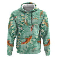 Green Palaka Hawaiian And Japanese Zip Hoodie Sakura Lei With Koi Fish - Polynesian Pride