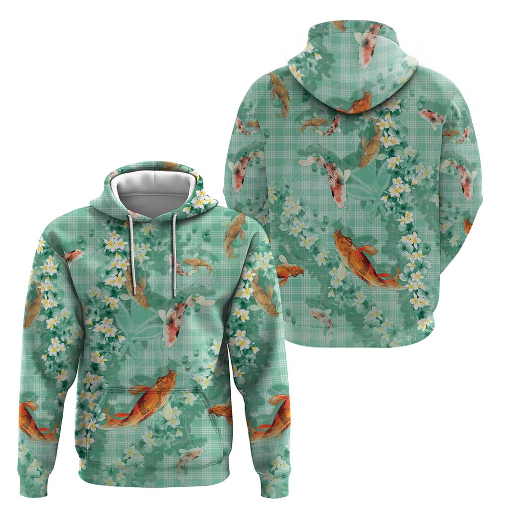 Green Palaka Hawaiian And Japanese Zip Hoodie Sakura Lei With Koi Fish - Polynesian Pride