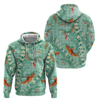 Green Palaka Hawaiian And Japanese Zip Hoodie Sakura Lei With Koi Fish - Polynesian Pride