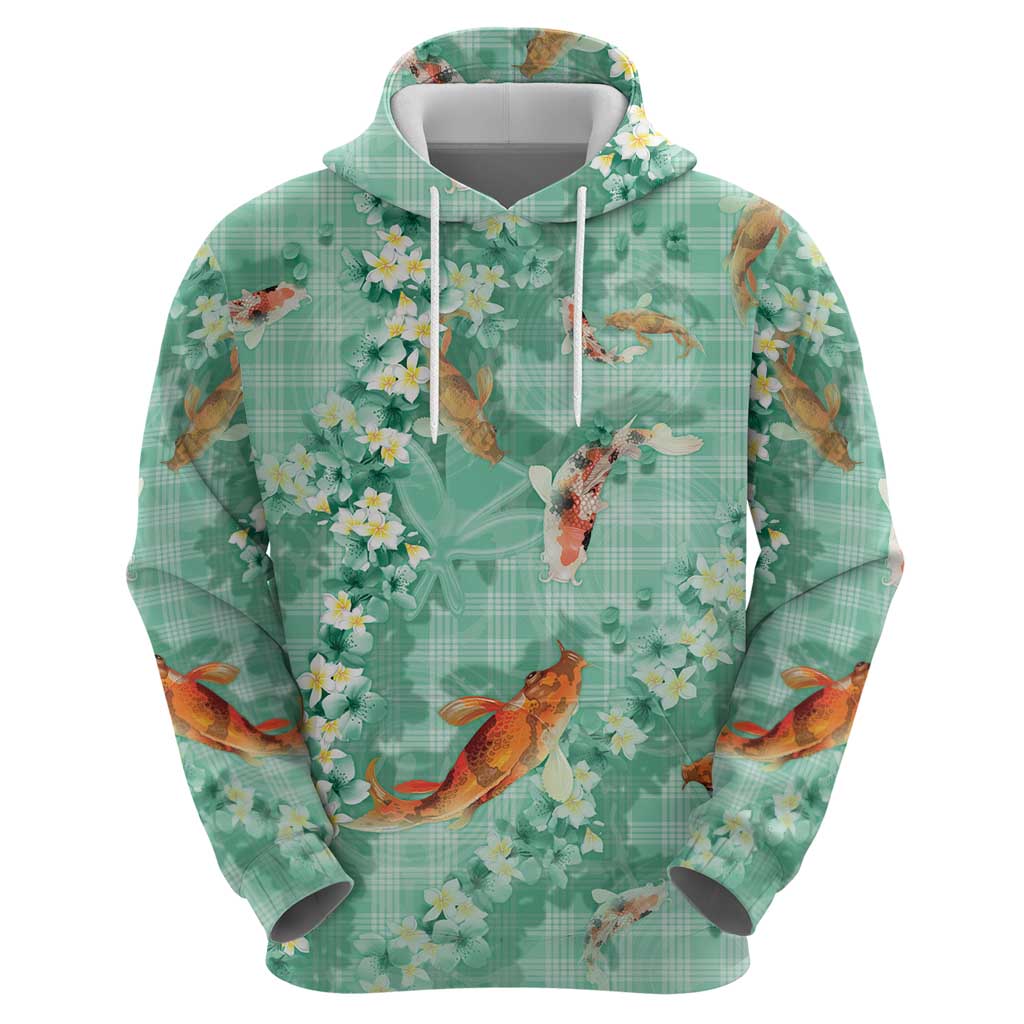 Green Palaka Hawaiian And Japanese Zip Hoodie Sakura Lei With Koi Fish - Polynesian Pride