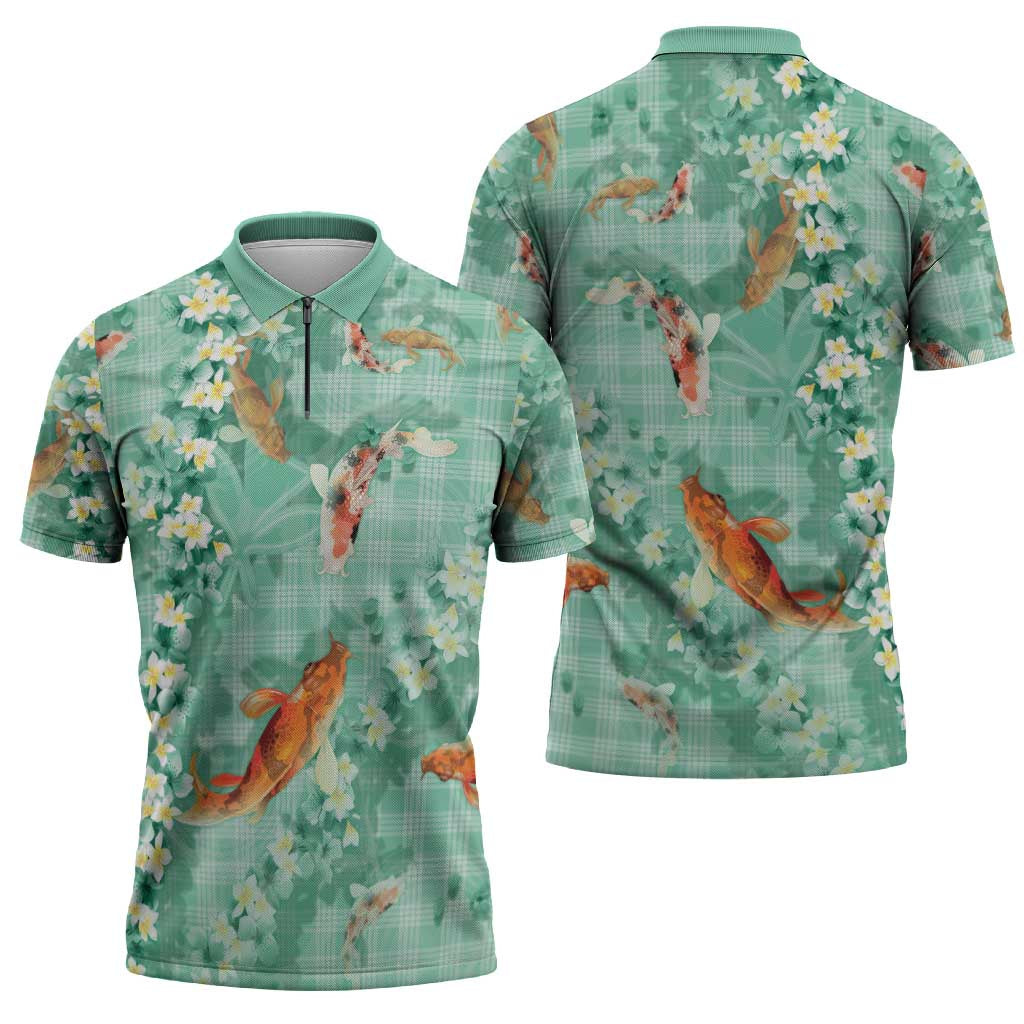 Green Palaka Hawaiian And Japanese Zipper Polo Shirt Sakura Lei With Koi Fish - Polynesian Pride