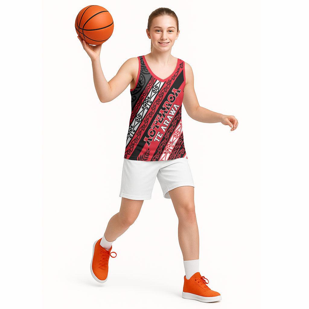 Personalised Aotearoa Te Arawa Basketball Jersey New Zealand Maori Tribal Fern Pattern