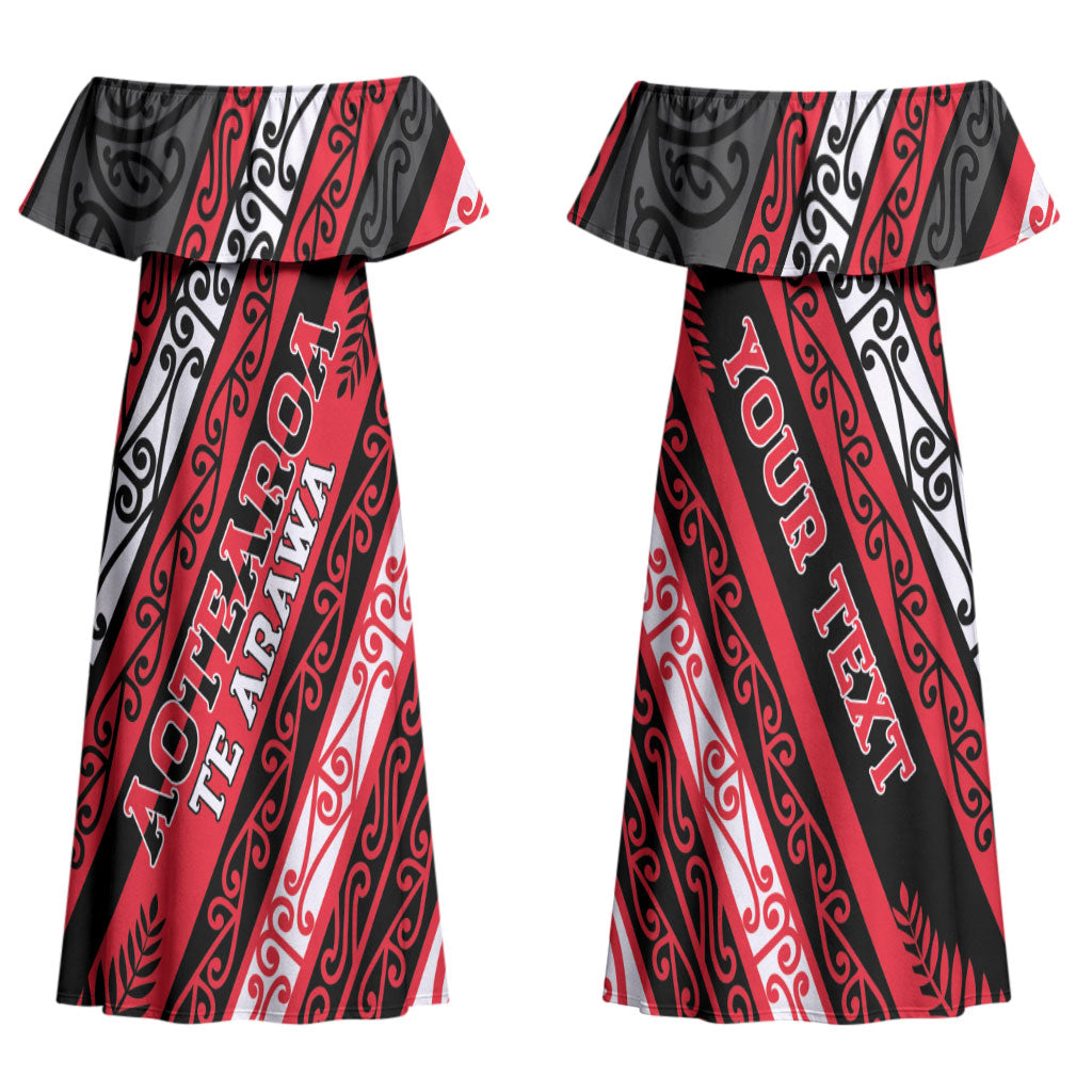 Personalised Aotearoa Te Arawa Couples Matching Off Shoulder Maxi Dress and Long Sleeve Button Shirt New Zealand Maori Tribal Fern Pattern