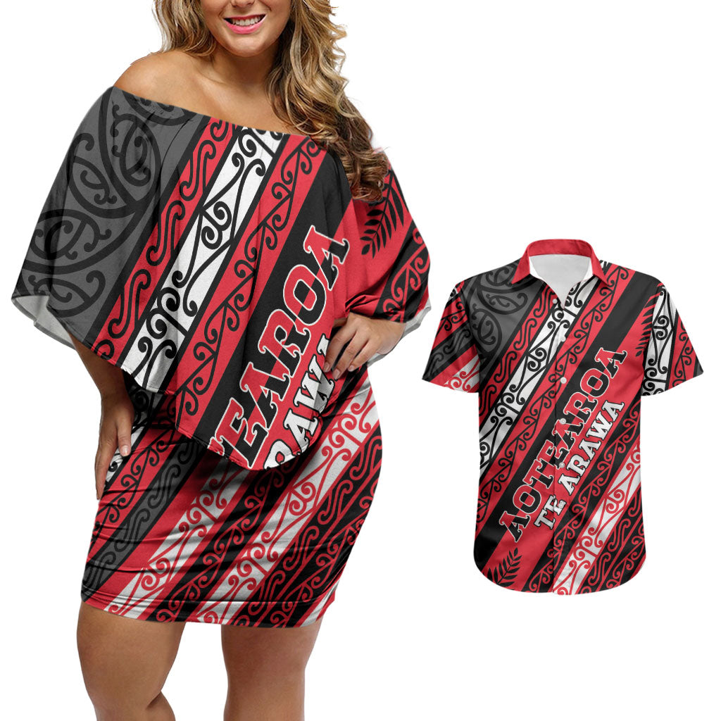Personalised Aotearoa Te Arawa Couples Matching Off Shoulder Short Dress and Hawaiian Shirt New Zealand Maori Tribal Fern Pattern