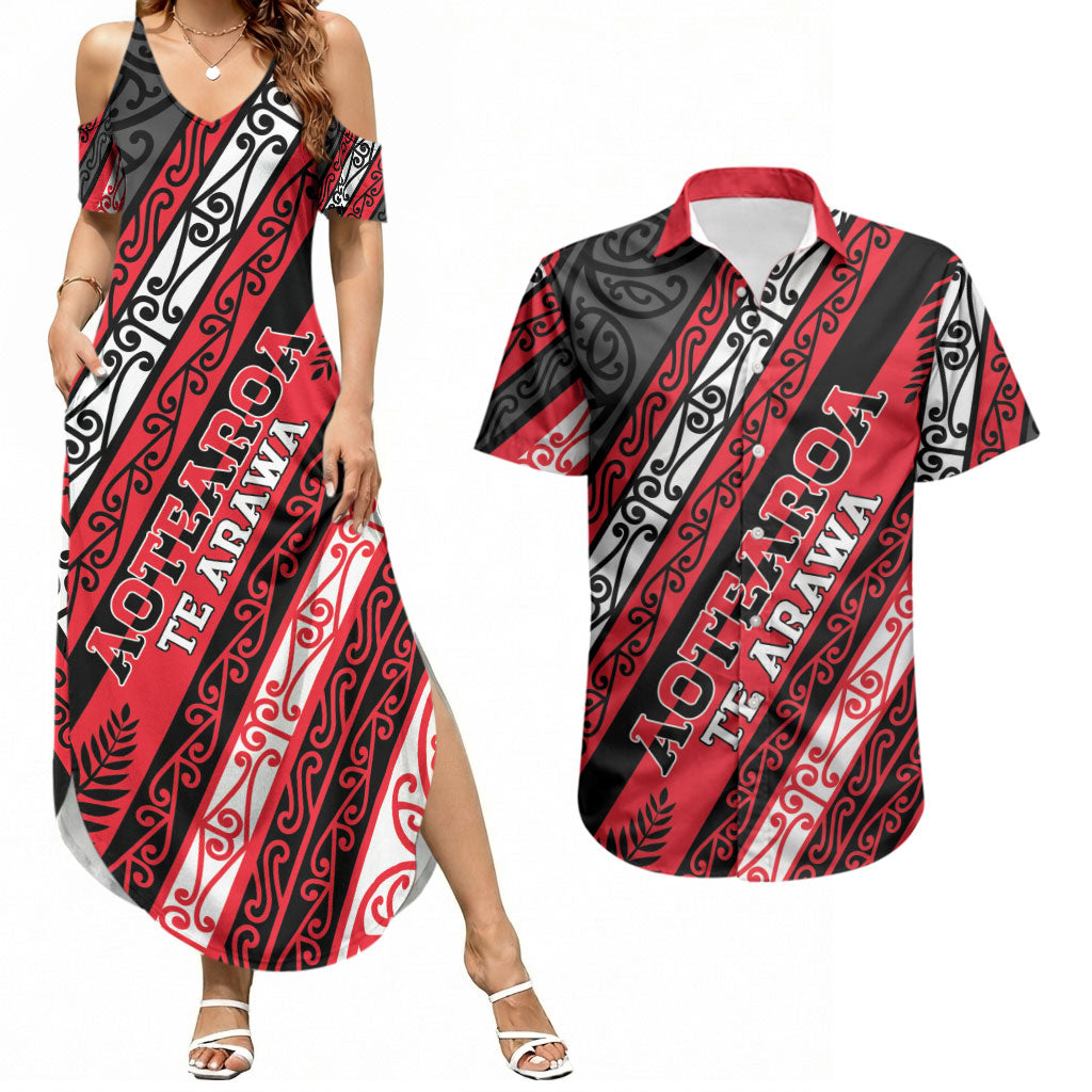 Personalised Aotearoa Te Arawa Couples Matching Summer Maxi Dress and Hawaiian Shirt New Zealand Maori Tribal Fern Pattern DT05 Red - Polynesian Pride
