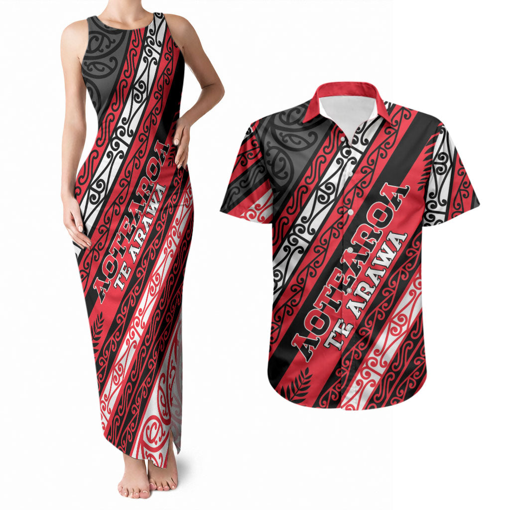 Personalised Aotearoa Te Arawa Couples Matching Tank Maxi Dress and Hawaiian Shirt New Zealand Maori Tribal Fern Pattern DT05 Red - Polynesian Pride