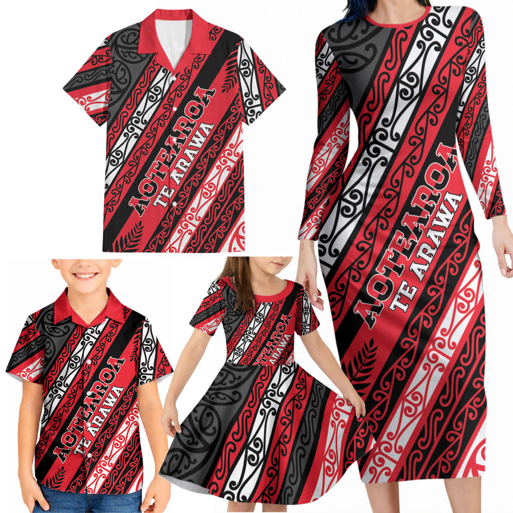 Personalised Aotearoa Te Arawa Family Matching Long Sleeve Bodycon Dress and Hawaiian Shirt New Zealand Maori Tribal Fern Pattern DT05 - Polynesian Pride