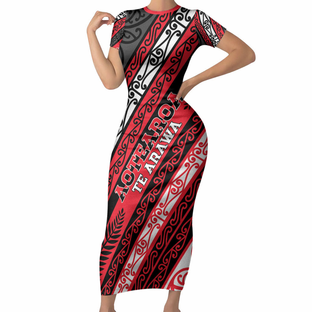 Personalised Aotearoa Te Arawa Short Sleeve Bodycon Dress New Zealand Maori Tribal Fern Pattern