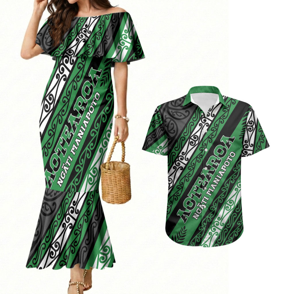 Personalised Aotearoa Ngati Maniapoto Couples Matching Mermaid Dress and Hawaiian Shirt New Zealand Maori Tribal Fern Pattern DT05 Green - Polynesian Pride