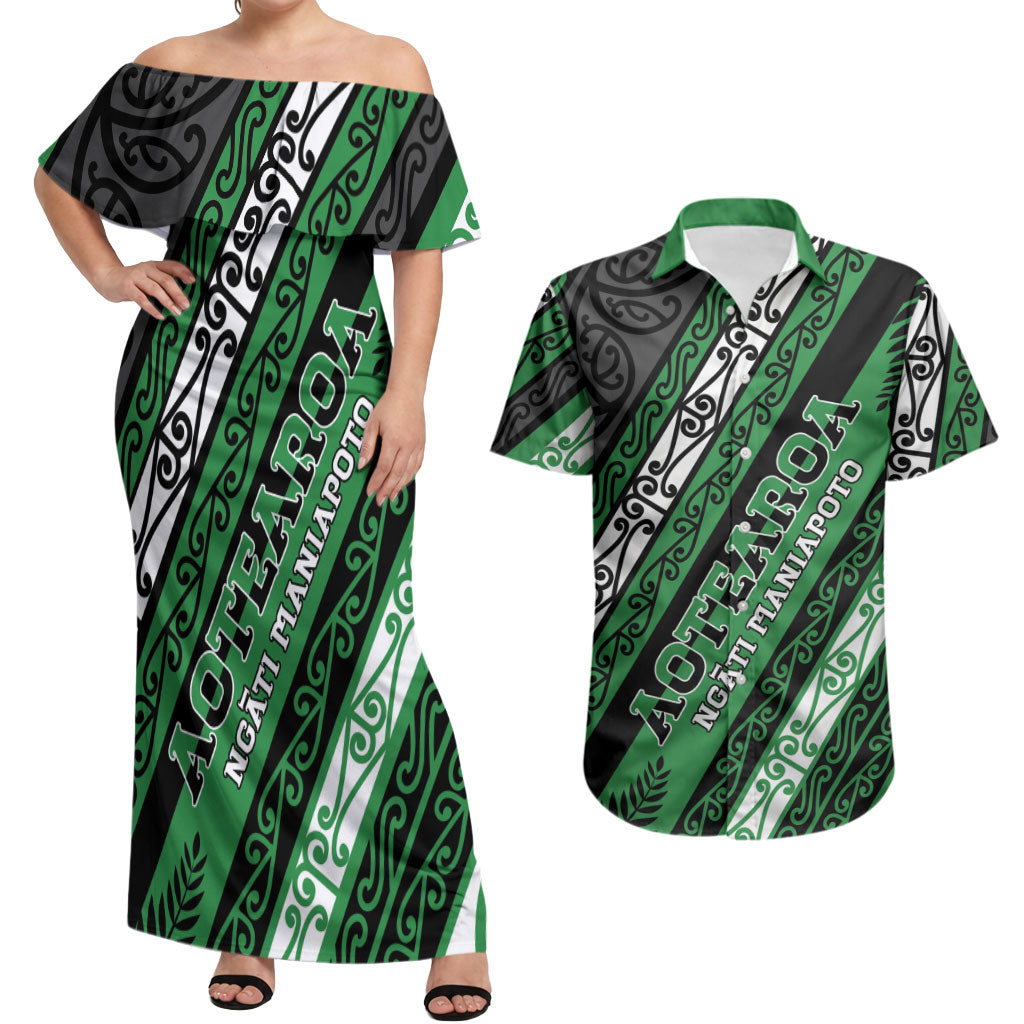 Personalised Aotearoa Ngati Maniapoto Couples Matching Off Shoulder Maxi Dress and Hawaiian Shirt New Zealand Maori Tribal Fern Pattern