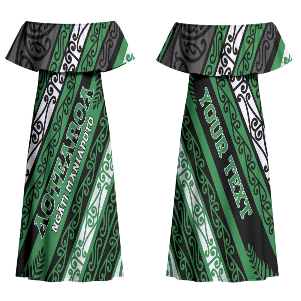 Personalised Aotearoa Ngati Maniapoto Couples Matching Off Shoulder Maxi Dress and Long Sleeve Button Shirt New Zealand Maori Tribal Fern Pattern