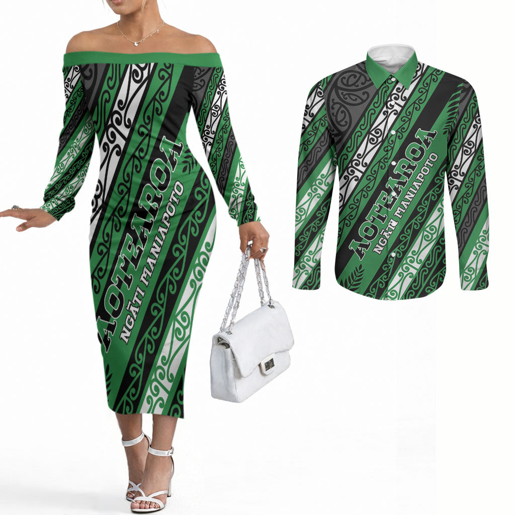 Personalised Aotearoa Ngati Maniapoto Couples Matching Off The Shoulder Long Sleeve Dress and Long Sleeve Button Shirt New Zealand Maori Tribal Fern Pattern DT05 Green - Polynesian Pride