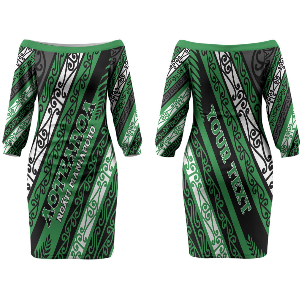 Personalised Aotearoa Ngati Maniapoto Couples Matching Off The Shoulder Long Sleeve Dress and Long Sleeve Button Shirt New Zealand Maori Tribal Fern Pattern