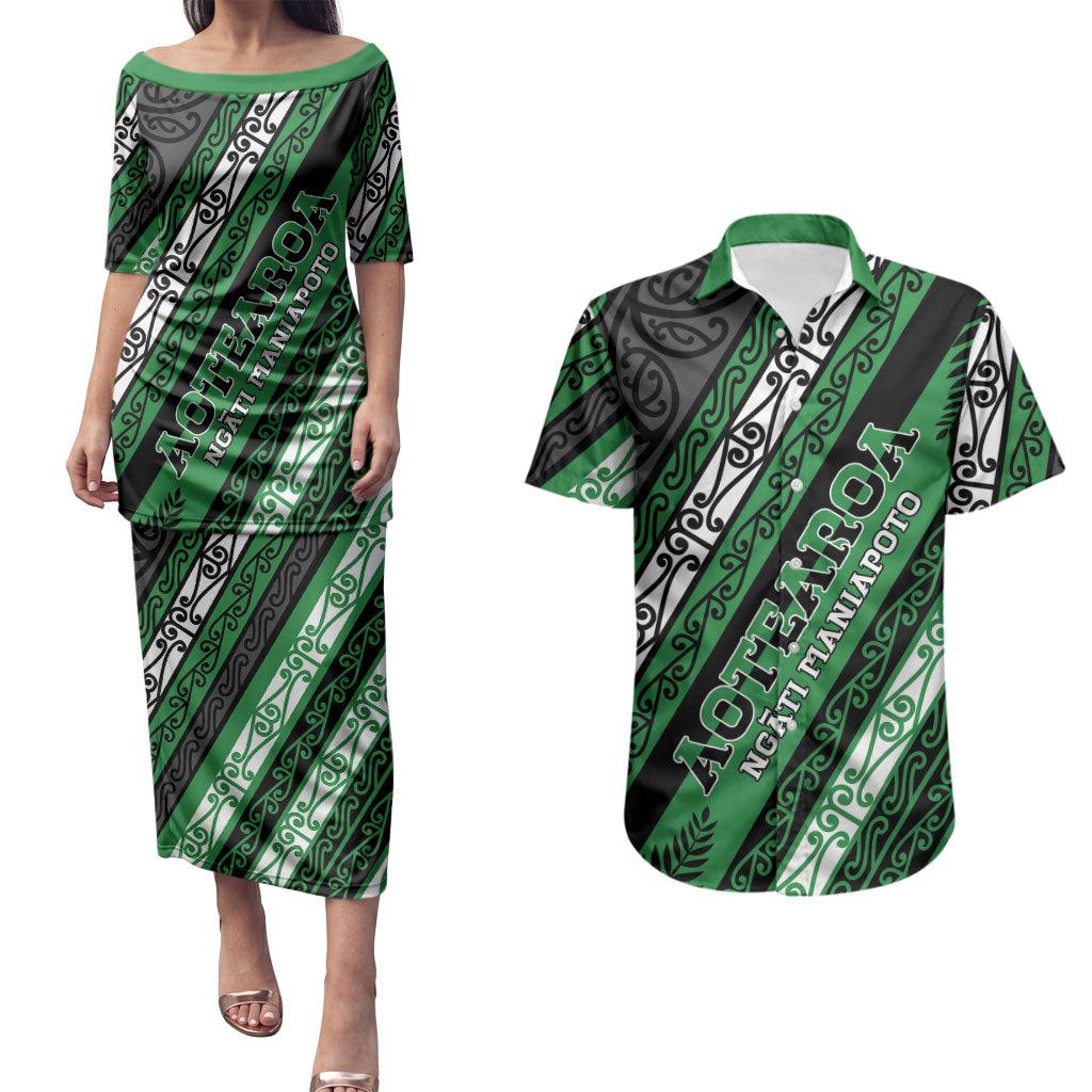Personalised Aotearoa Ngati Maniapoto Couples Matching Puletasi and Hawaiian Shirt New Zealand Maori Tribal Fern Pattern DT05 Green - Polynesian Pride