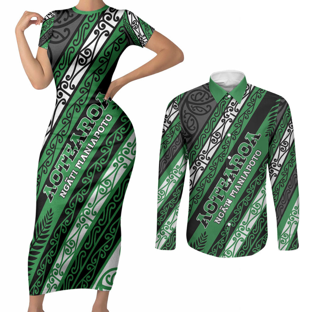 Personalised Aotearoa Ngati Maniapoto Couples Matching Short Sleeve Bodycon Dress and Long Sleeve Button Shirt New Zealand Maori Tribal Fern Pattern
