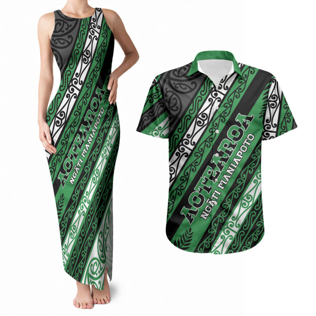 Personalised Aotearoa Ngati Maniapoto Couples Matching Tank Maxi Dress and Hawaiian Shirt New Zealand Maori Tribal Fern Pattern DT05 Green - Polynesian Pride