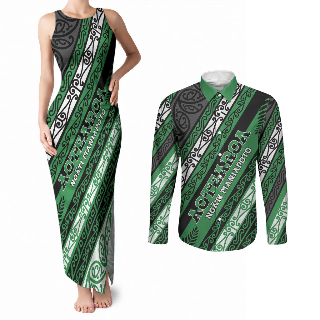 Personalised Aotearoa Ngati Maniapoto Couples Matching Tank Maxi Dress and Long Sleeve Button Shirt New Zealand Maori Tribal Fern Pattern DT05 Green - Polynesian Pride