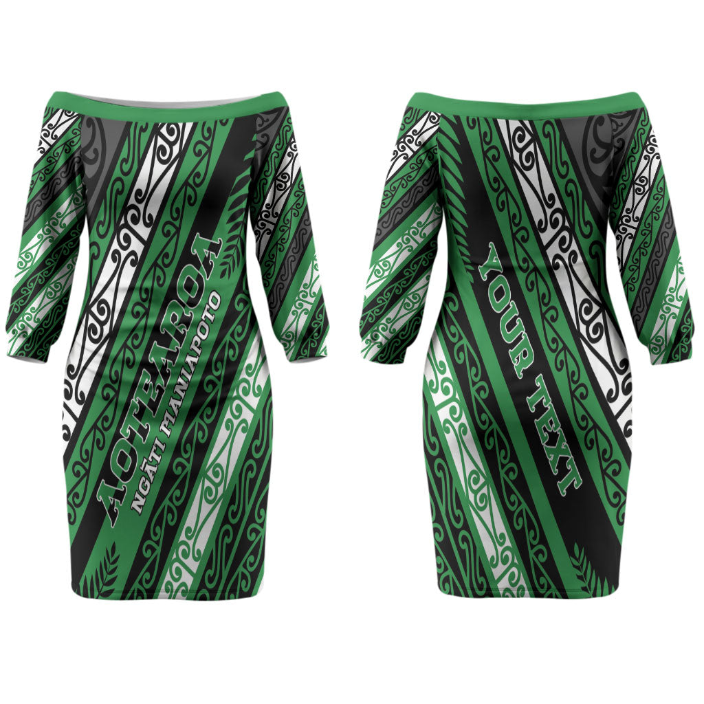 Personalised Aotearoa Ngati Maniapoto Family Matching Off The Shoulder Long Sleeve Dress and Hawaiian Shirt New Zealand Maori Tribal Fern Pattern