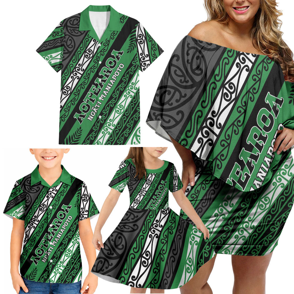 Personalised Aotearoa Ngati Maniapoto Family Matching Off Shoulder Short Dress and Hawaiian Shirt New Zealand Maori Tribal Fern Pattern DT05 - Polynesian Pride