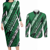 Personalised Aotearoa Ngati Raukawa Couples Matching Long Sleeve Bodycon Dress and Long Sleeve Button Shirt New Zealand Maori Tribal Fern Pattern