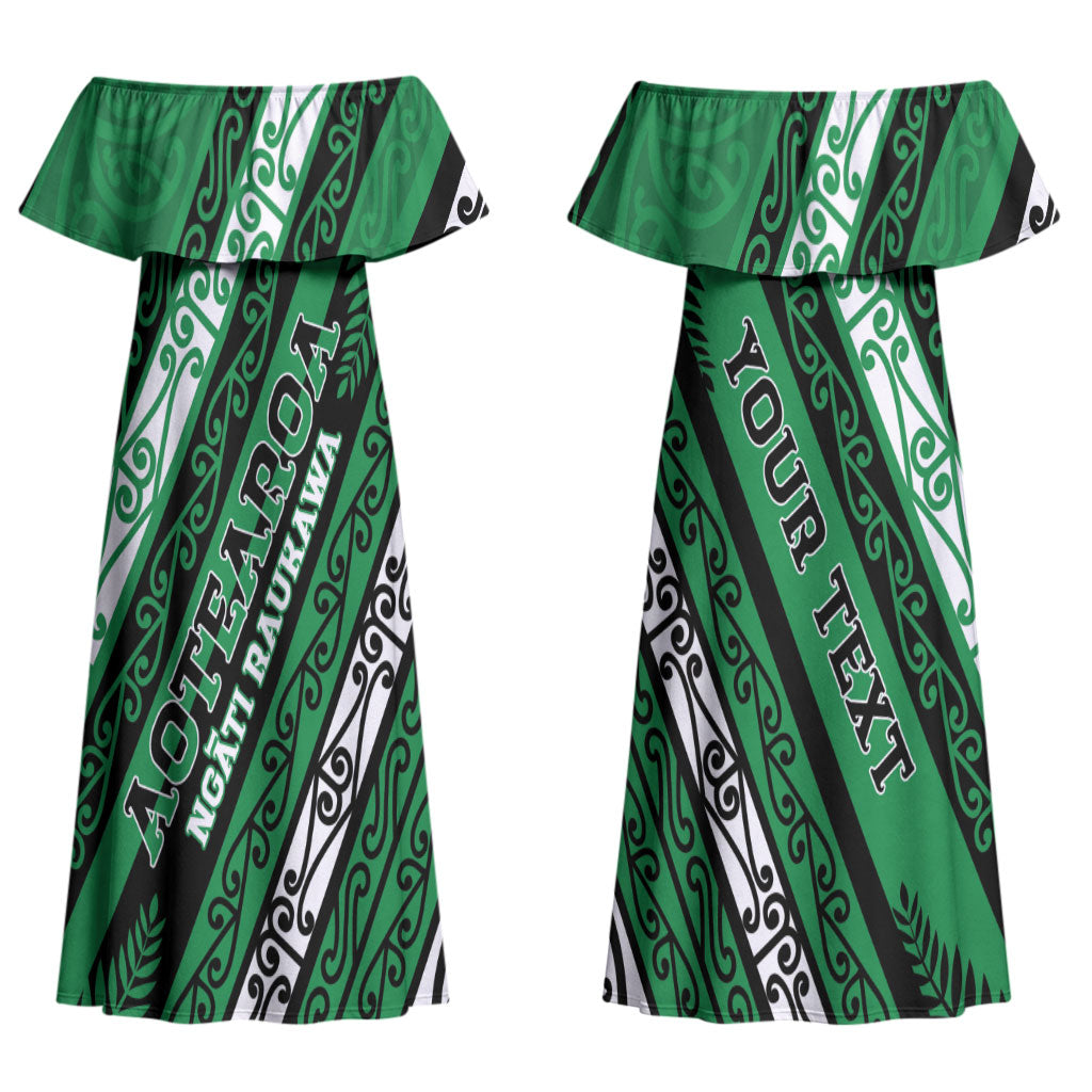 Personalised Aotearoa Ngati Raukawa Couples Matching Off Shoulder Maxi Dress and Long Sleeve Button Shirt New Zealand Maori Tribal Fern Pattern