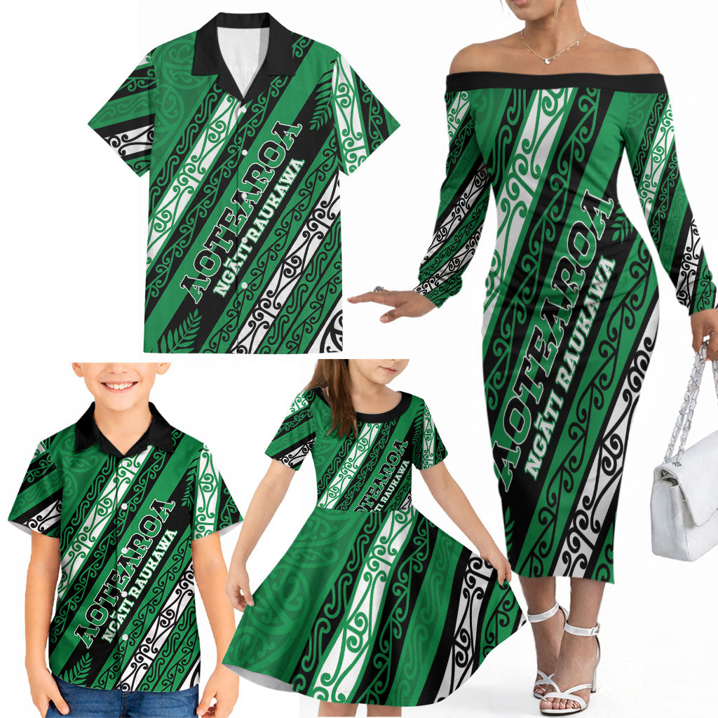 Personalised Aotearoa Ngati Raukawa Family Matching Off The Shoulder Long Sleeve Dress and Hawaiian Shirt New Zealand Maori Tribal Fern Pattern