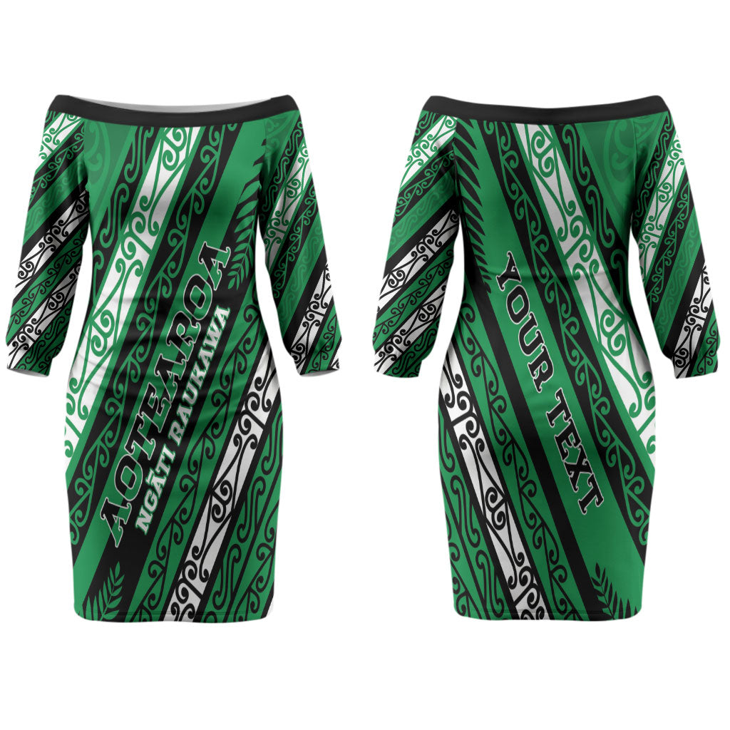 Personalised Aotearoa Ngati Raukawa Family Matching Off The Shoulder Long Sleeve Dress and Hawaiian Shirt New Zealand Maori Tribal Fern Pattern