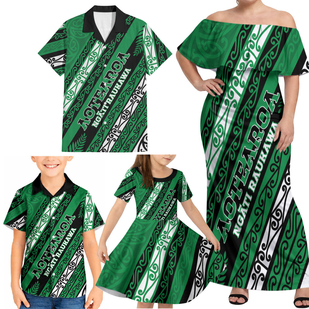 Personalised Aotearoa Ngati Raukawa Family Matching Off Shoulder Maxi Dress and Hawaiian Shirt New Zealand Maori Tribal Fern Pattern