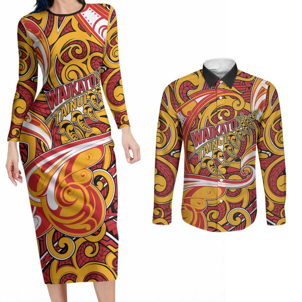 Custom Aotearoa Waikato Tainui Couples Matching Long Sleeve Bodycon Dress and Long Sleeve Button Shirt Maori Tribal Pattern Koru Motif