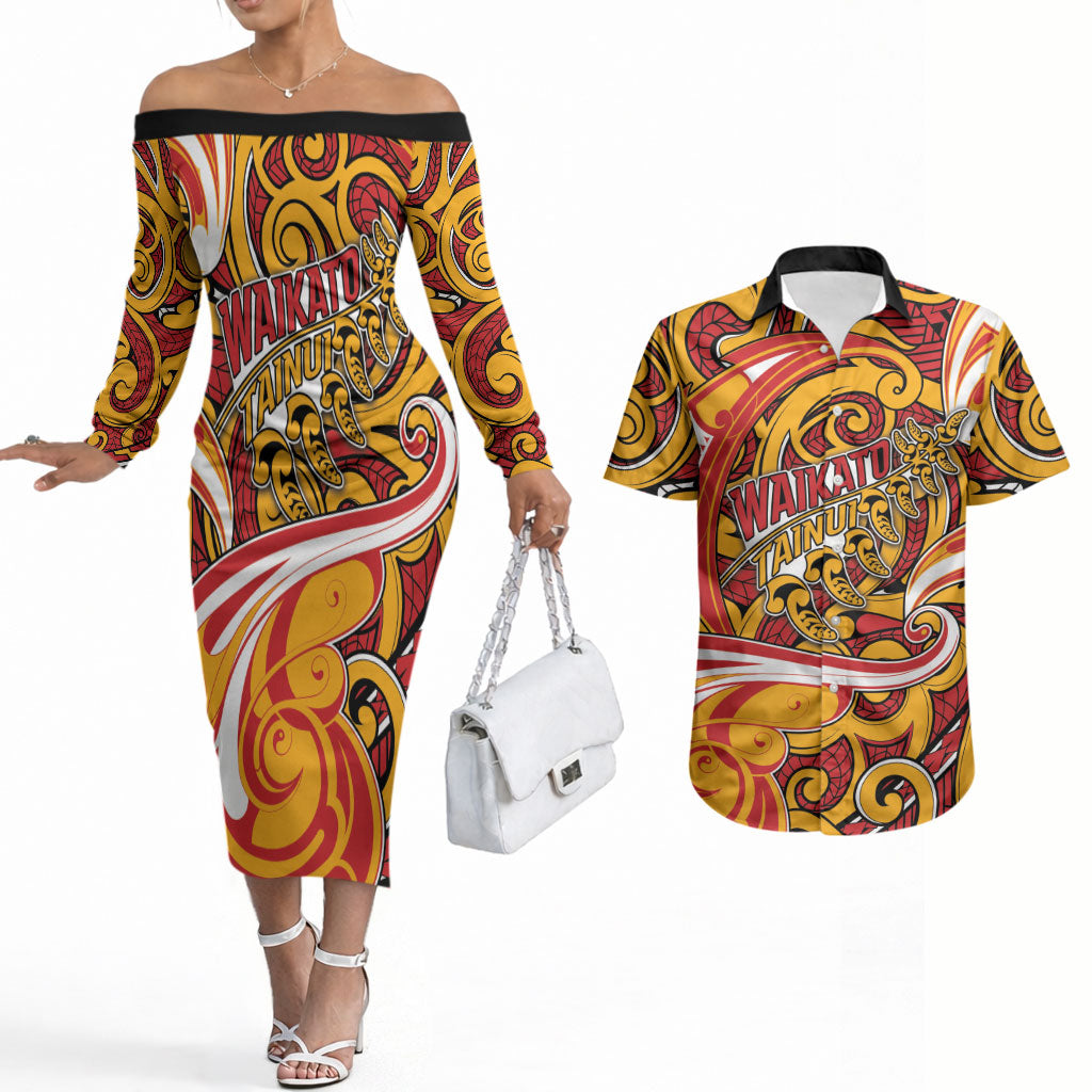 Custom Aotearoa Waikato Tainui Couples Matching Off The Shoulder Long Sleeve Dress and Hawaiian Shirt Maori Tribal Pattern Koru Motif DT05 Yellow - Polynesian Pride