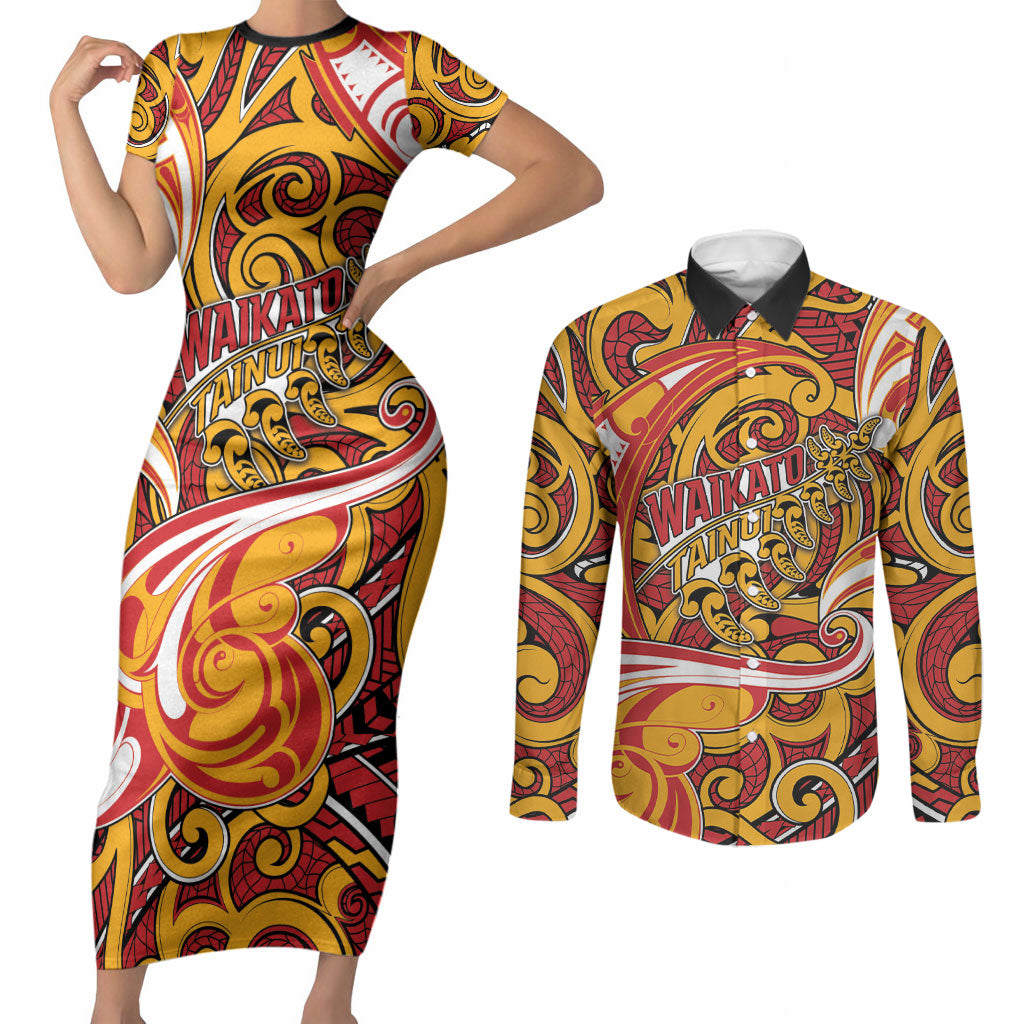 Custom Aotearoa Waikato Tainui Couples Matching Short Sleeve Bodycon Dress and Long Sleeve Button Shirt Maori Tribal Pattern Koru Motif DT05 Yellow - Polynesian Pride