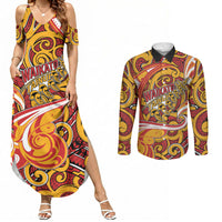 Custom Aotearoa Waikato Tainui Couples Matching Summer Maxi Dress and Long Sleeve Button Shirt Maori Tribal Pattern Koru Motif
