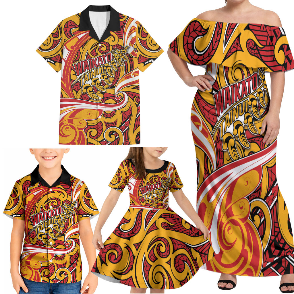 Custom Aotearoa Waikato Tainui Family Matching Off Shoulder Maxi Dress and Hawaiian Shirt Maori Tribal Pattern Koru Motif