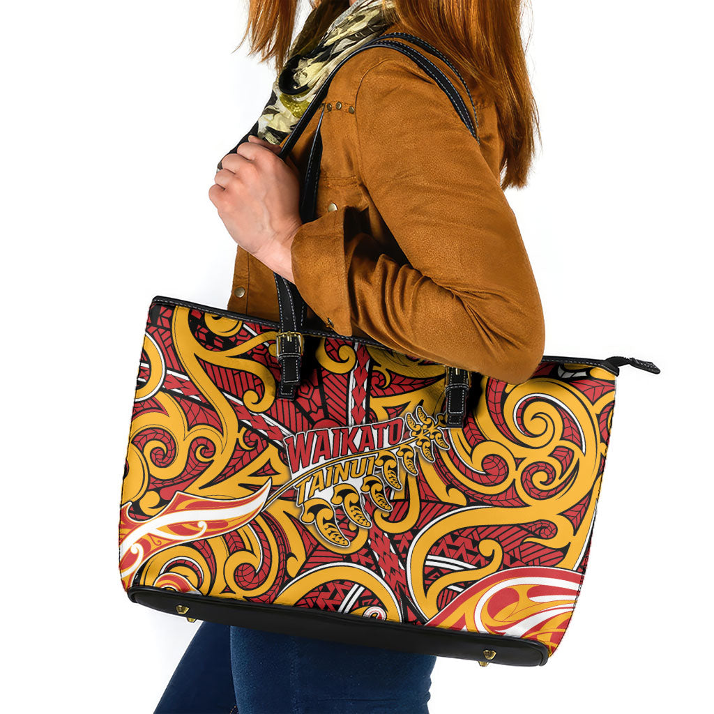 Aotearoa Waikato Tainui Leather Tote Bag Maori Tribal Pattern Koru Motif