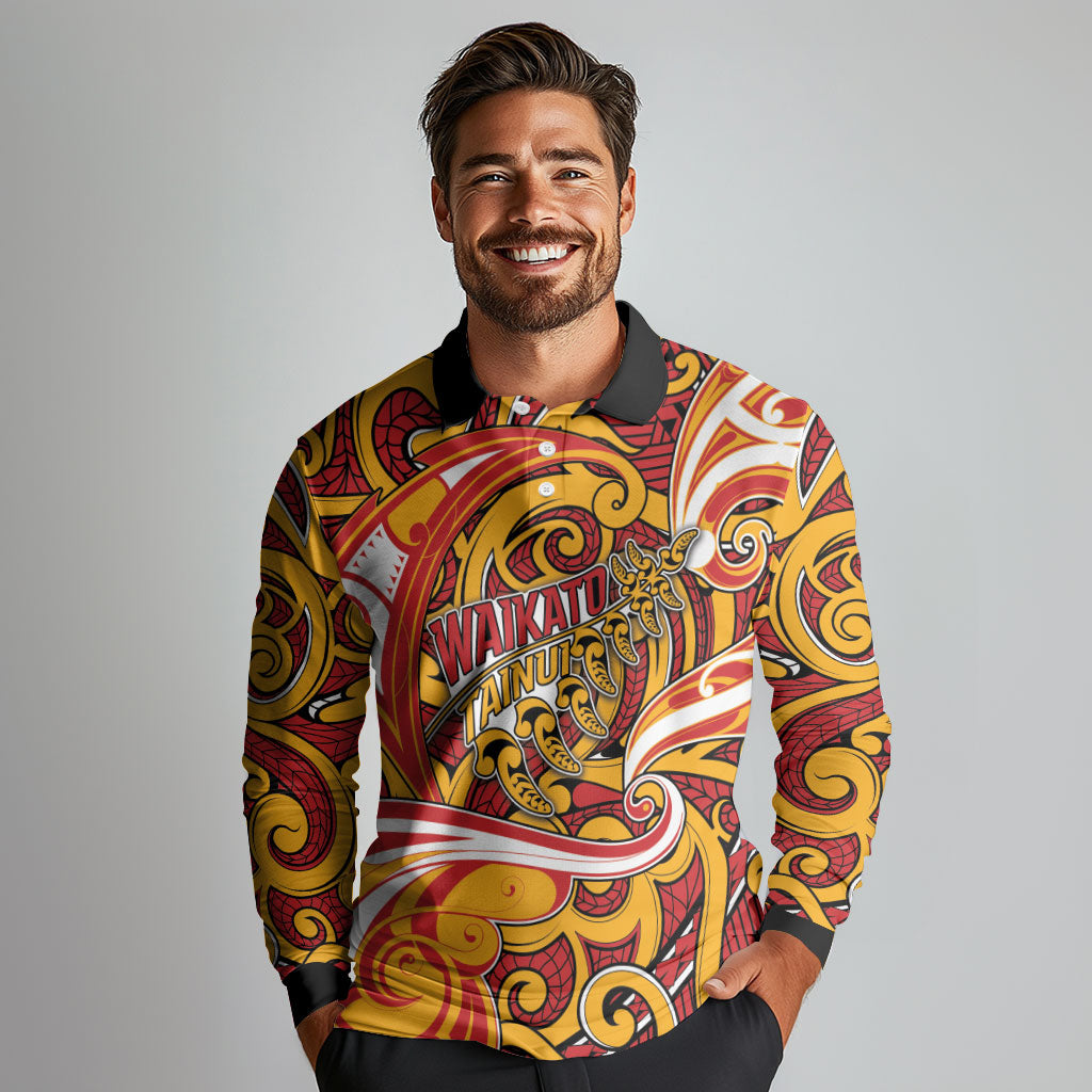 Custom Aotearoa Waikato Tainui Long Sleeve Polo Shirt Maori Tribal Pattern Koru Motif