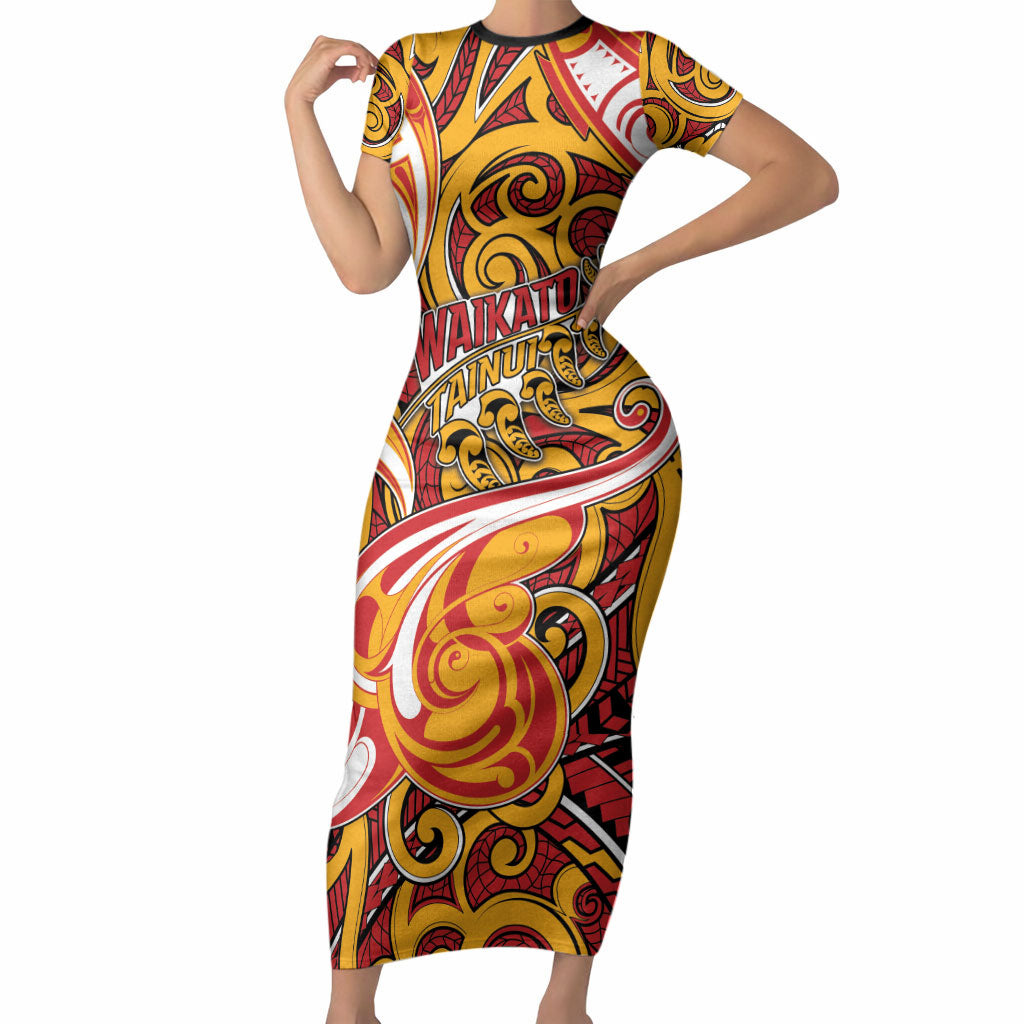 Custom Aotearoa Waikato Tainui Short Sleeve Bodycon Dress Maori Tribal Pattern Koru Motif