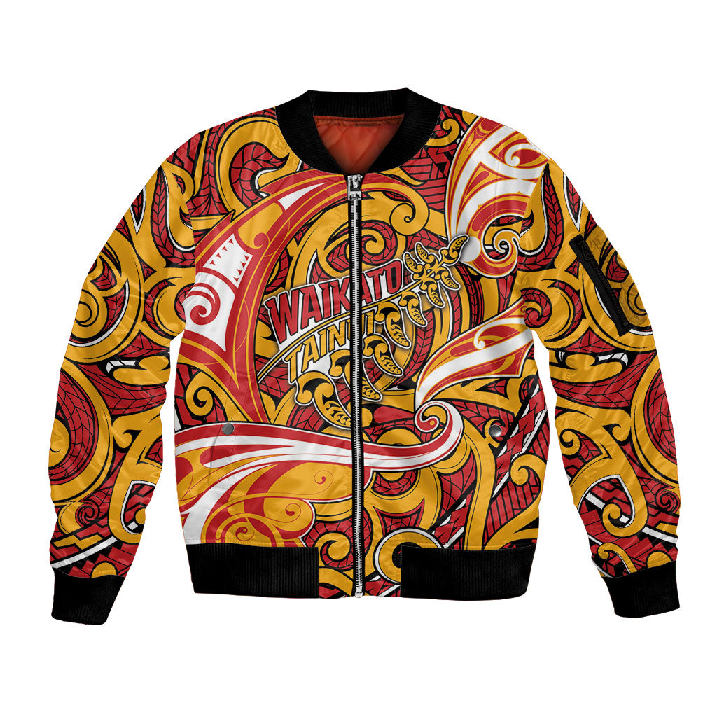 Custom Aotearoa Waikato Tainui Sleeve Zip Bomber Jacket Maori Tribal Pattern Koru Motif DT05 Unisex Yellow - Polynesian Pride