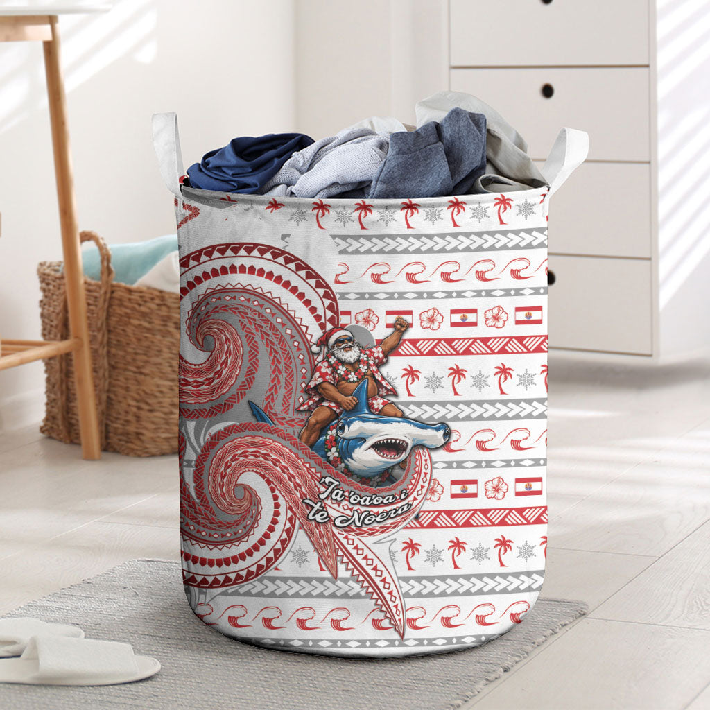 French Polynesian Christmas Laundry Basket Santa Riding Hammerhead Shark Tahitian