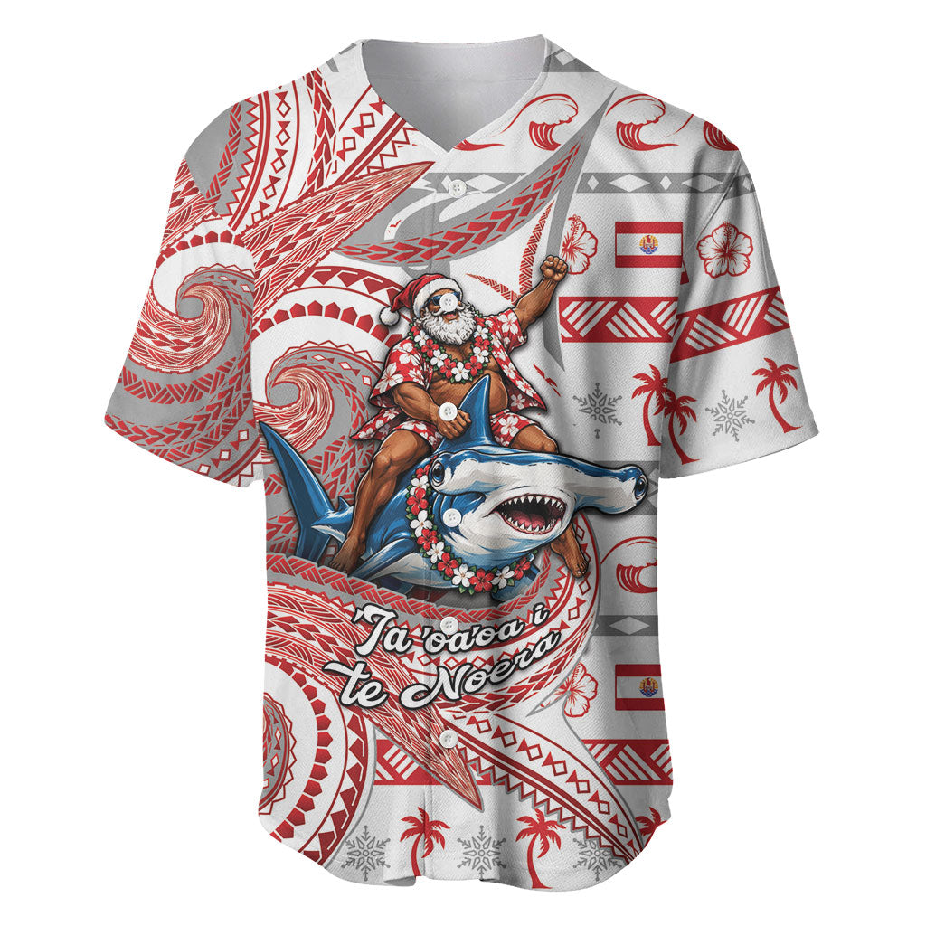 French Polynesian Christmas Baseball Jersey Santa Riding Hammerhead Shark Tahitian