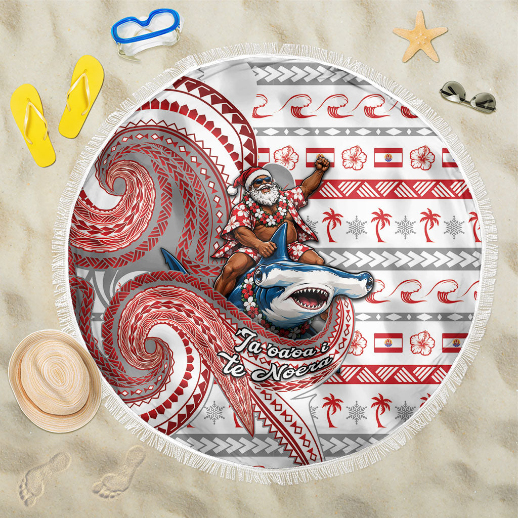 French Polynesian Christmas Beach Blanket Santa Riding Hammerhead Shark Tahitian