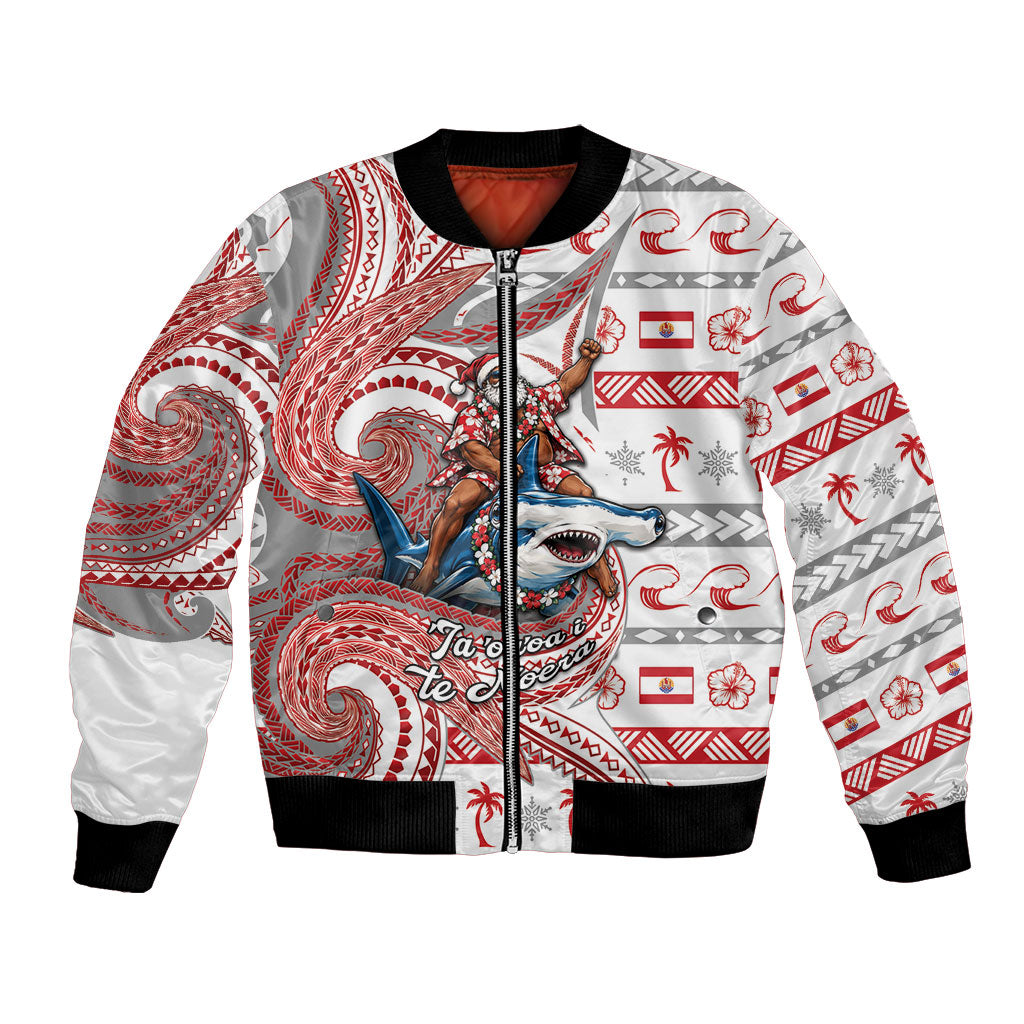French Polynesian Christmas Bomber Jacket Santa Riding Hammerhead Shark Tahitian