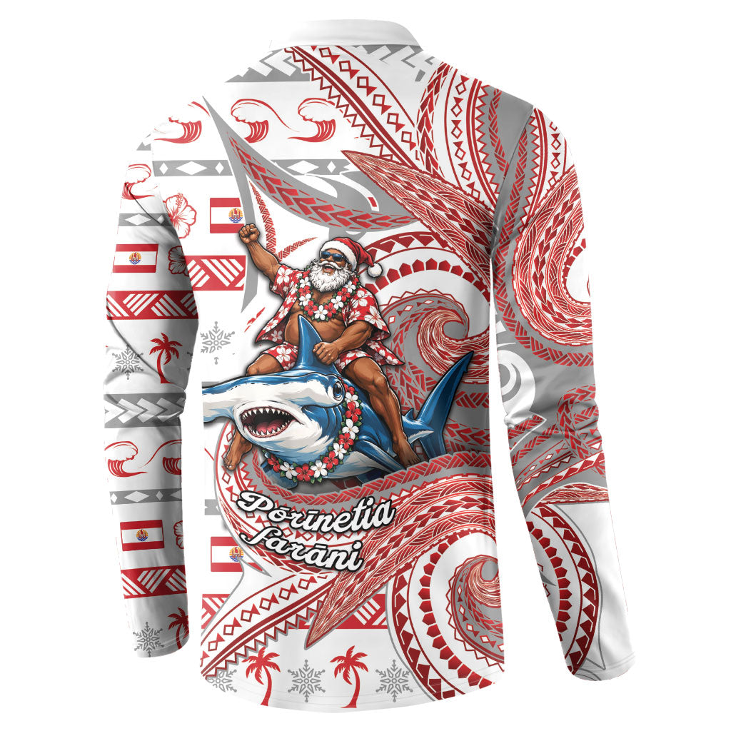 French Polynesian Christmas Button Sweatshirt Santa Riding Hammerhead Shark Tahitian DT05 - Polynesian Pride