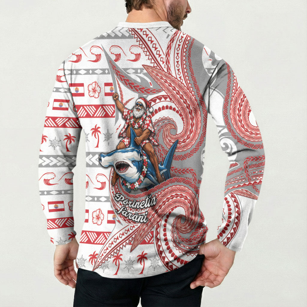 French Polynesian Christmas Button Sweatshirt Santa Riding Hammerhead Shark Tahitian DT05 - Polynesian Pride