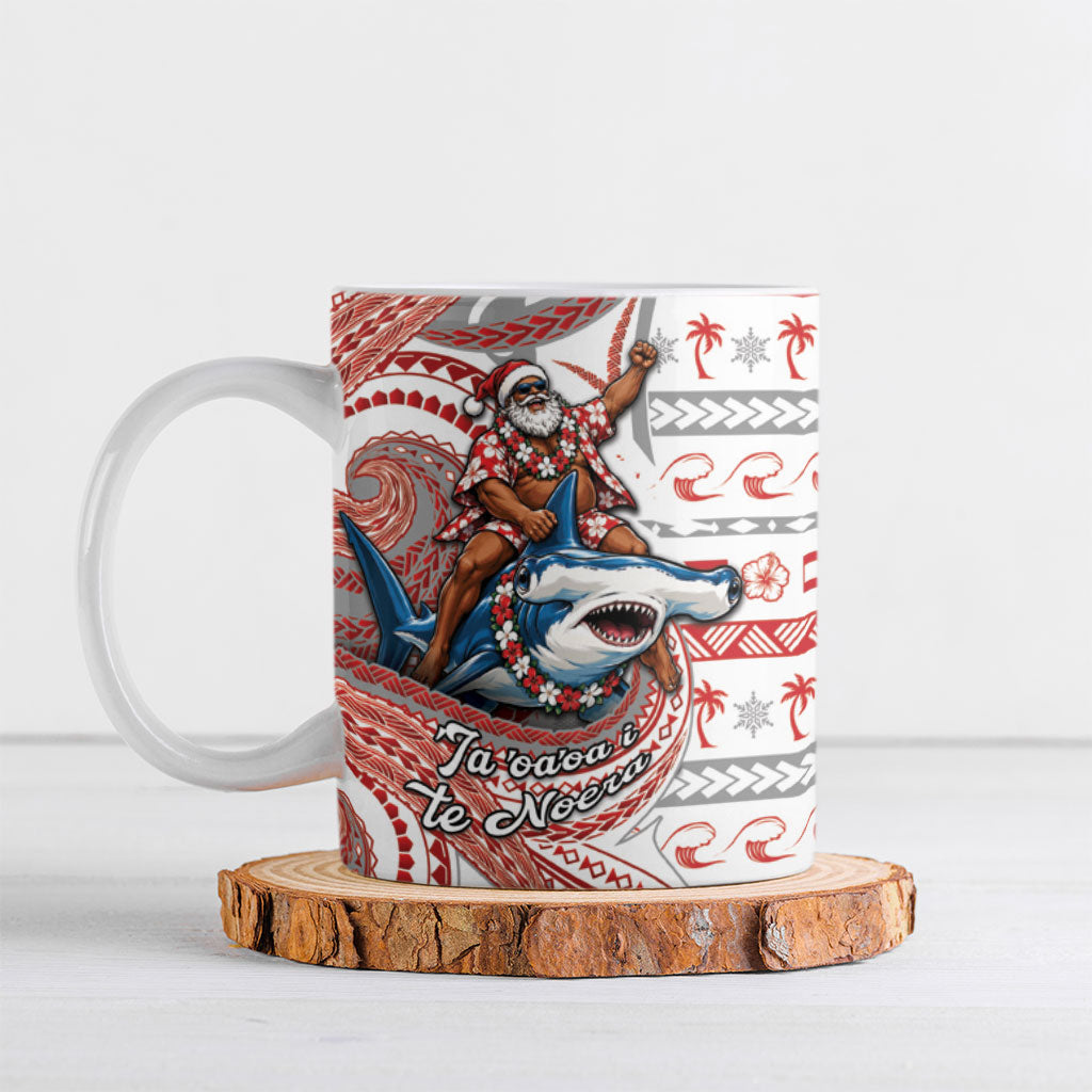 French Polynesian Christmas Ceramic Mug Santa Riding Hammerhead Shark Tahitian