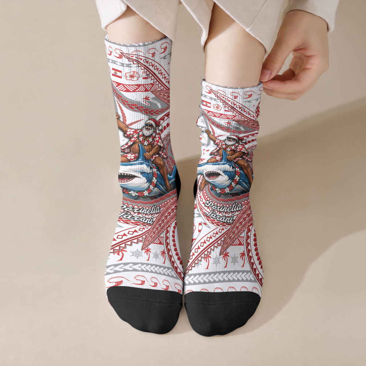 French Polynesian Christmas Crew Socks Santa Riding Hammerhead Shark Tahitian