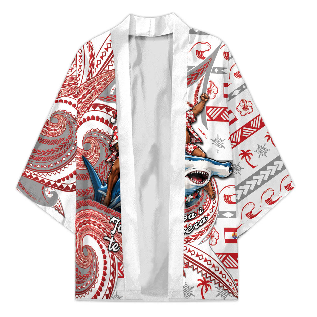 French Polynesian Christmas Kimono Santa Riding Hammerhead Shark Tahitian DT05 Unisex White - Polynesian Pride
