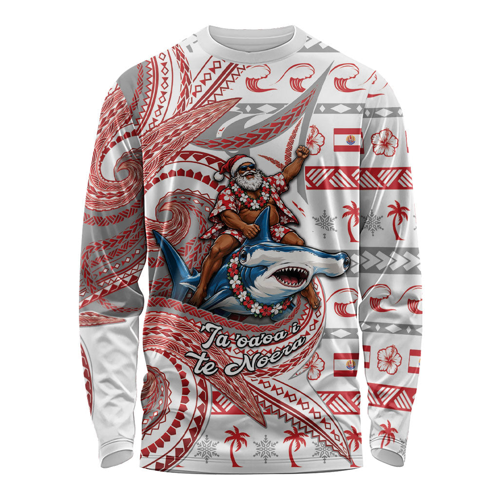 French Polynesian Christmas Long Sleeve Shirt Santa Riding Hammerhead Shark Tahitian