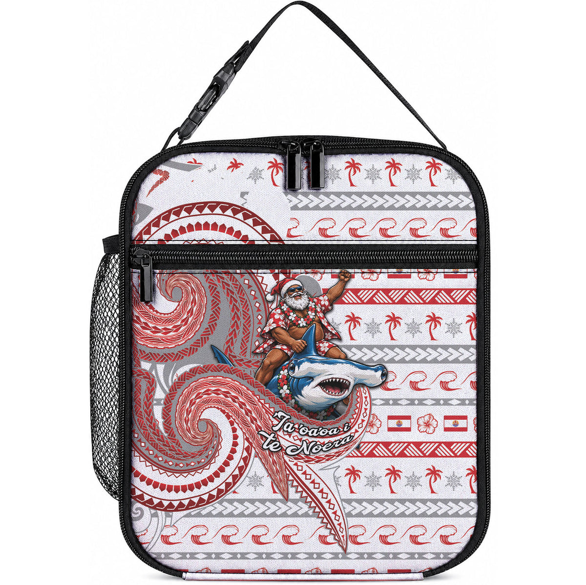 French Polynesian Christmas Lunch Bag Santa Riding Hammerhead Shark Tahitian DT05 10.2 × 8.3 × 4.3 inch White - Polynesian Pride