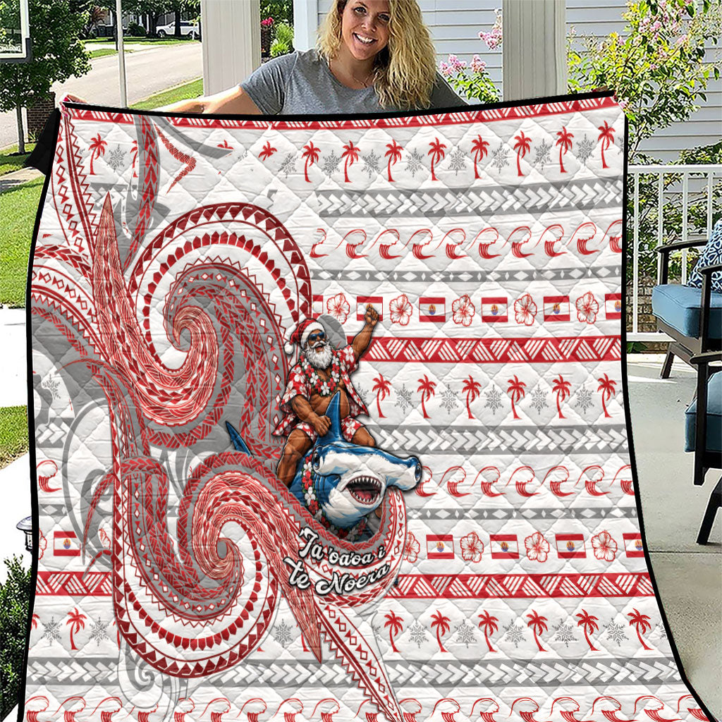 French Polynesian Christmas Quilt Santa Riding Hammerhead Shark Tahitian DT05 White - Polynesian Pride